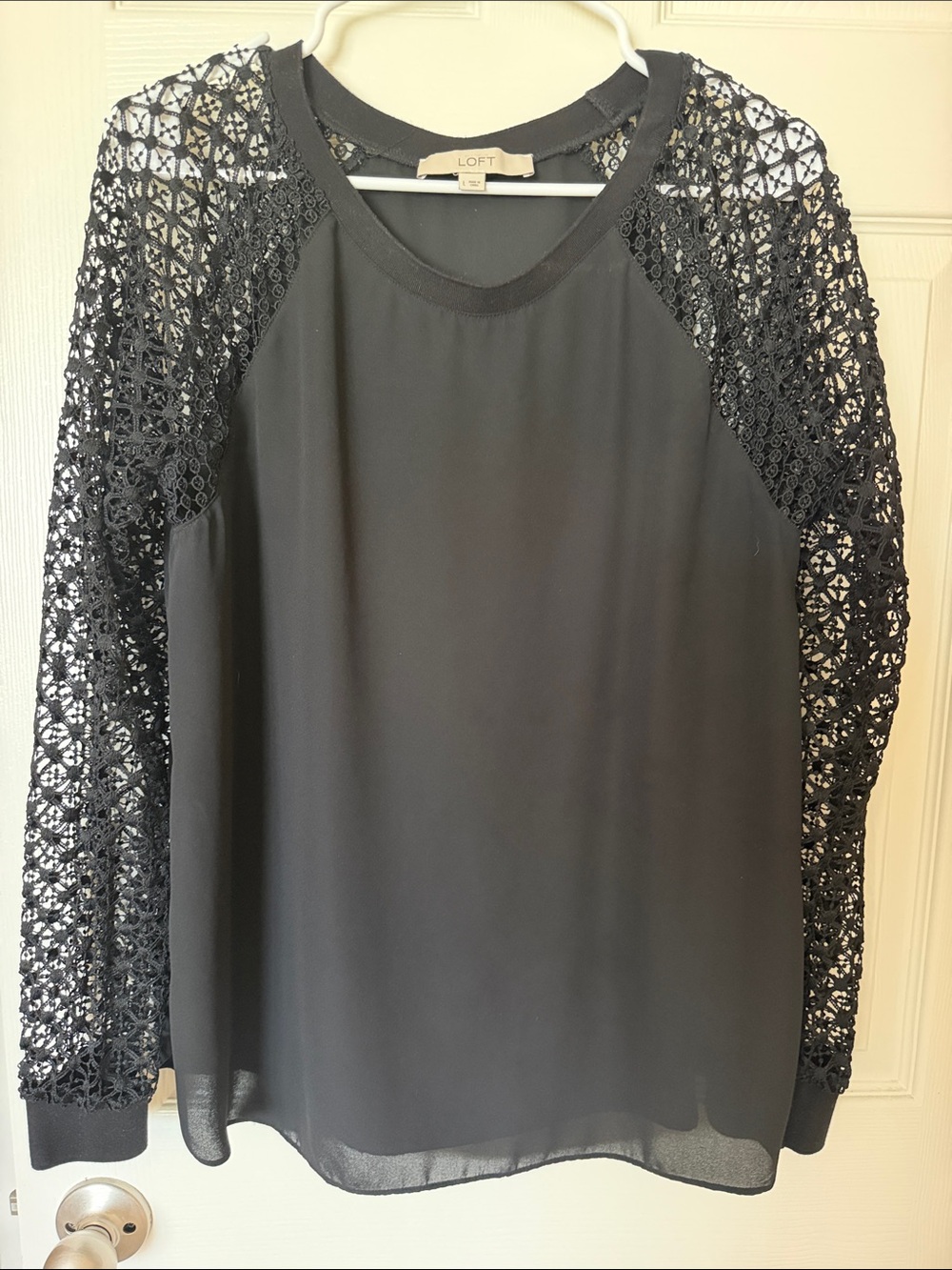 LOFT Black Crochet-Sleeve Long Sleeve Blouse